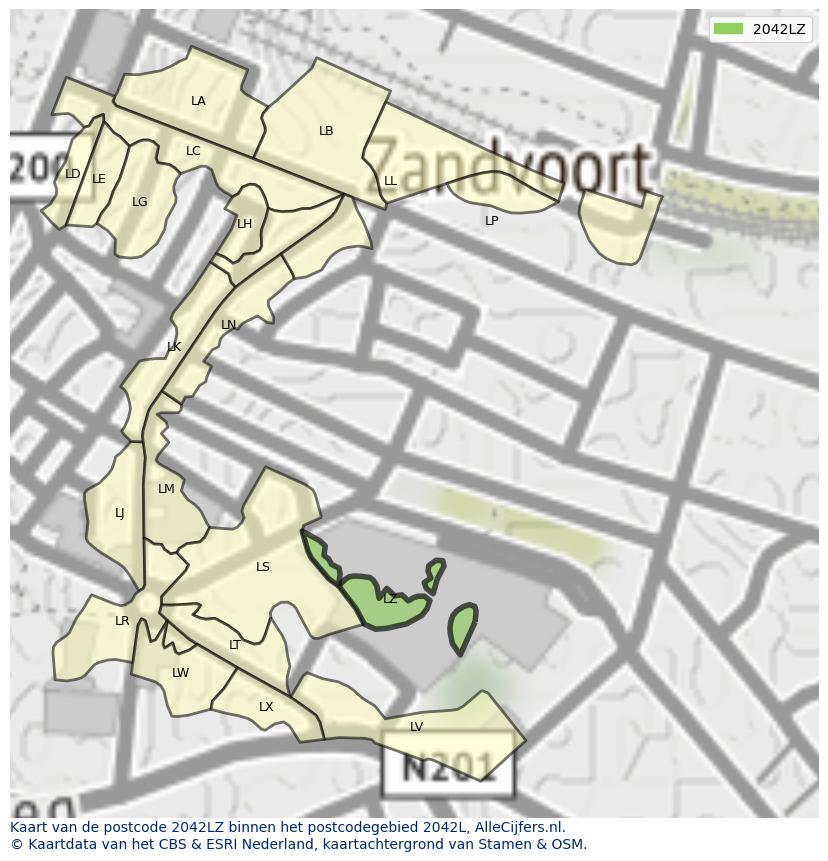 Afbeelding van het postcodegebied 2042 LZ op de kaart.
