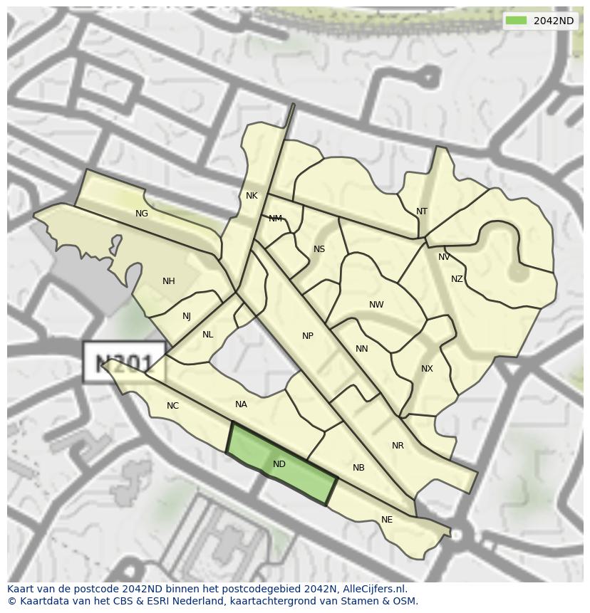 Afbeelding van het postcodegebied 2042 ND op de kaart.