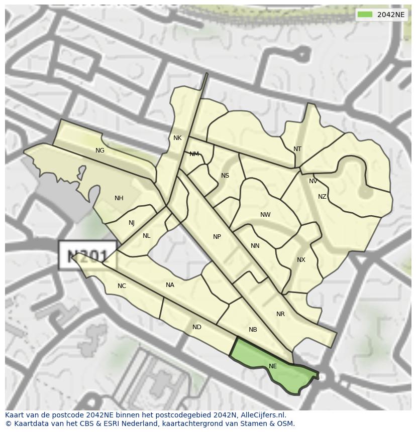 Afbeelding van het postcodegebied 2042 NE op de kaart.