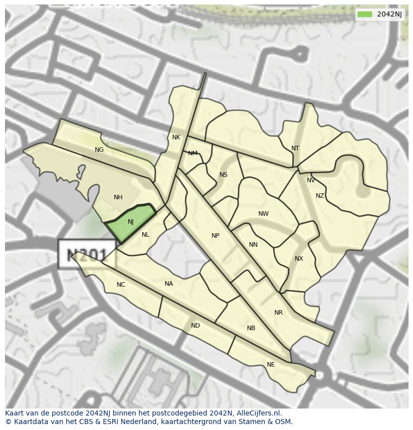 Afbeelding van het postcodegebied 2042 NJ op de kaart.