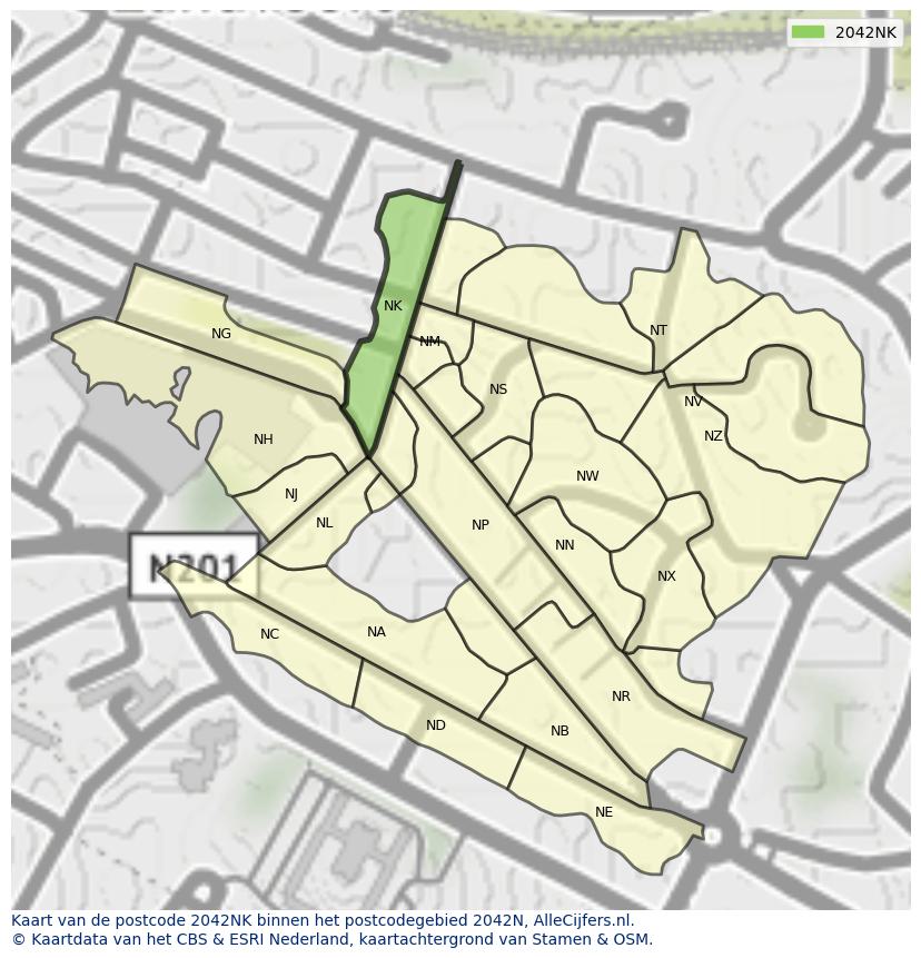 Afbeelding van het postcodegebied 2042 NK op de kaart.
