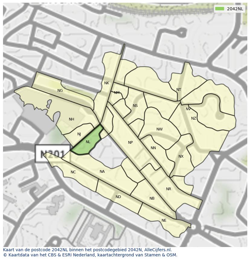 Afbeelding van het postcodegebied 2042 NL op de kaart.