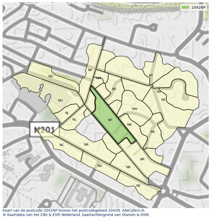 Afbeelding van het postcodegebied 2042 NP op de kaart.