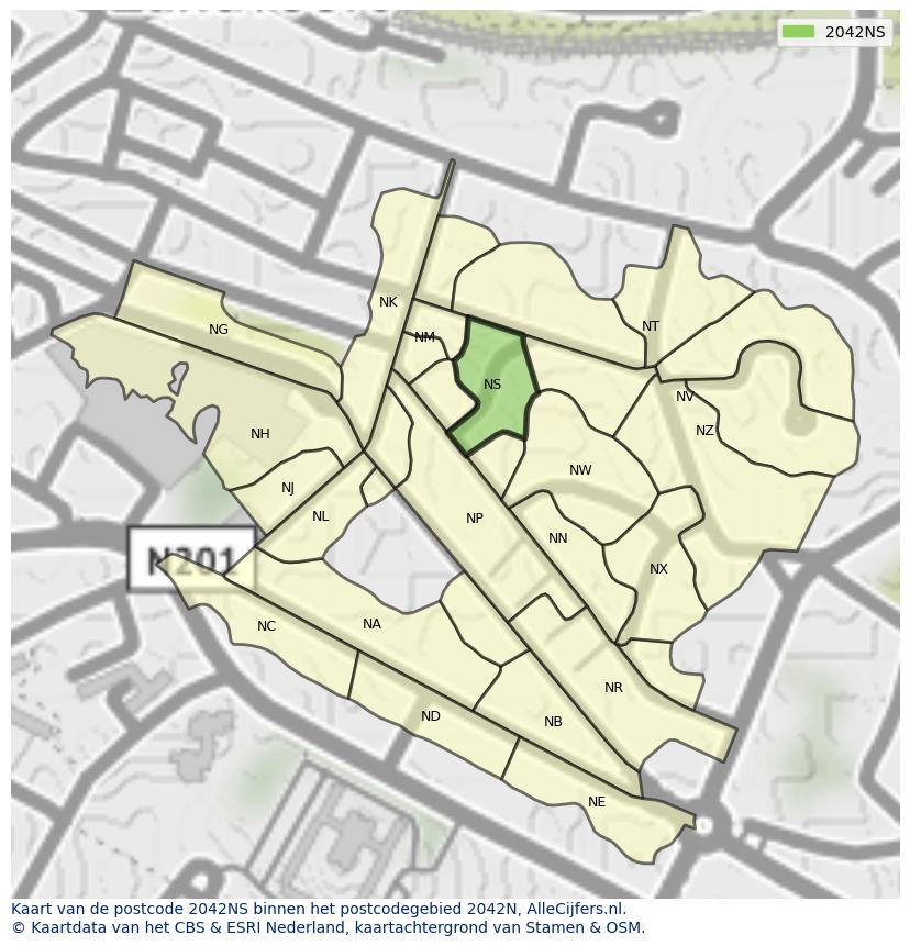 Afbeelding van het postcodegebied 2042 NS op de kaart.