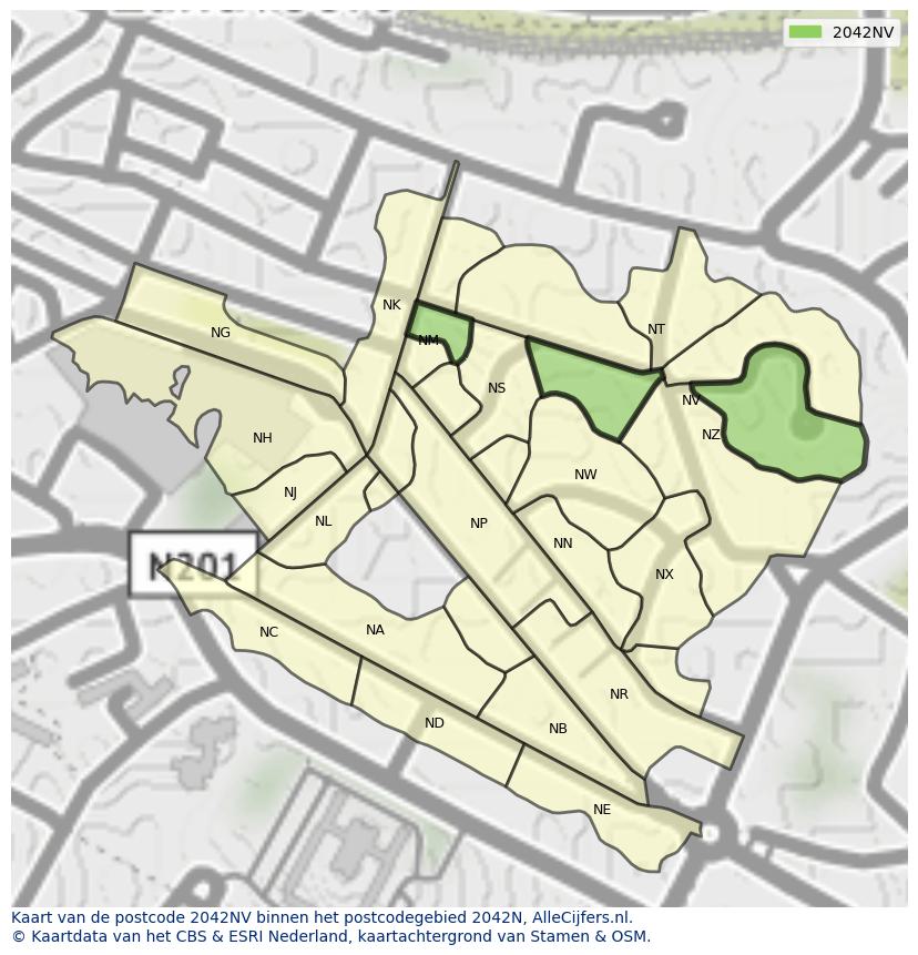 Afbeelding van het postcodegebied 2042 NV op de kaart.