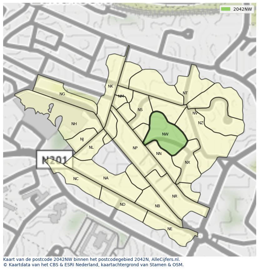 Afbeelding van het postcodegebied 2042 NW op de kaart.