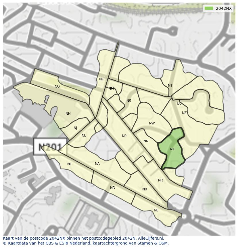 Afbeelding van het postcodegebied 2042 NX op de kaart.