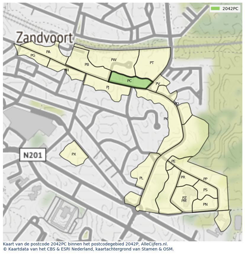 Afbeelding van het postcodegebied 2042 PC op de kaart.
