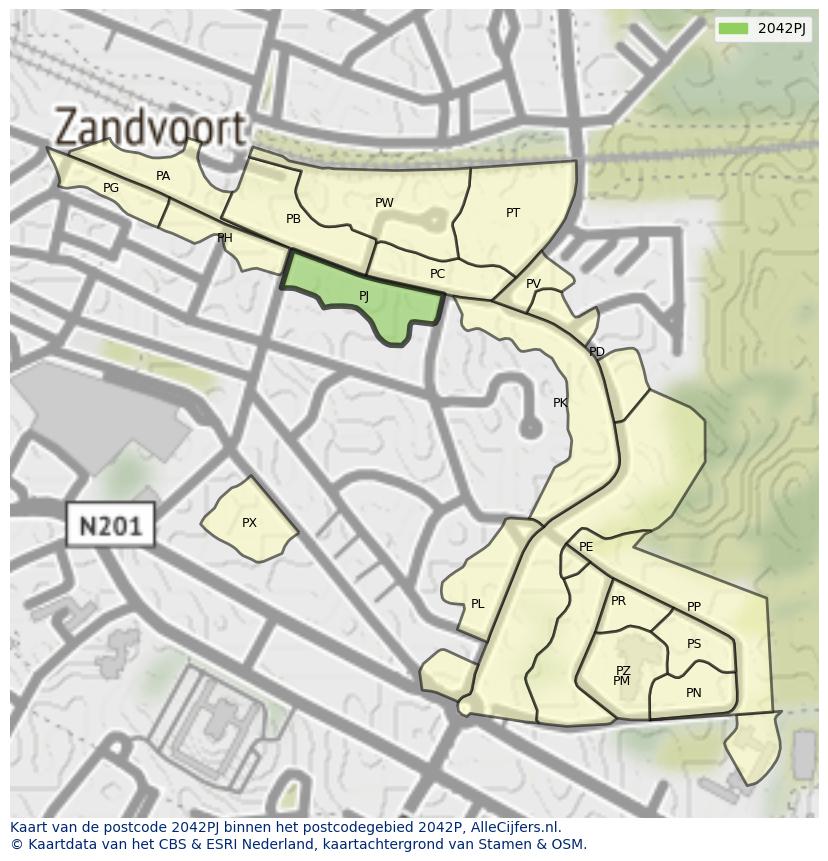 Afbeelding van het postcodegebied 2042 PJ op de kaart.