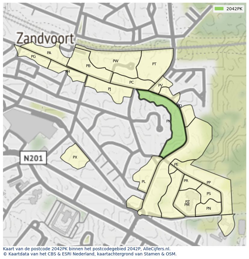 Afbeelding van het postcodegebied 2042 PK op de kaart.
