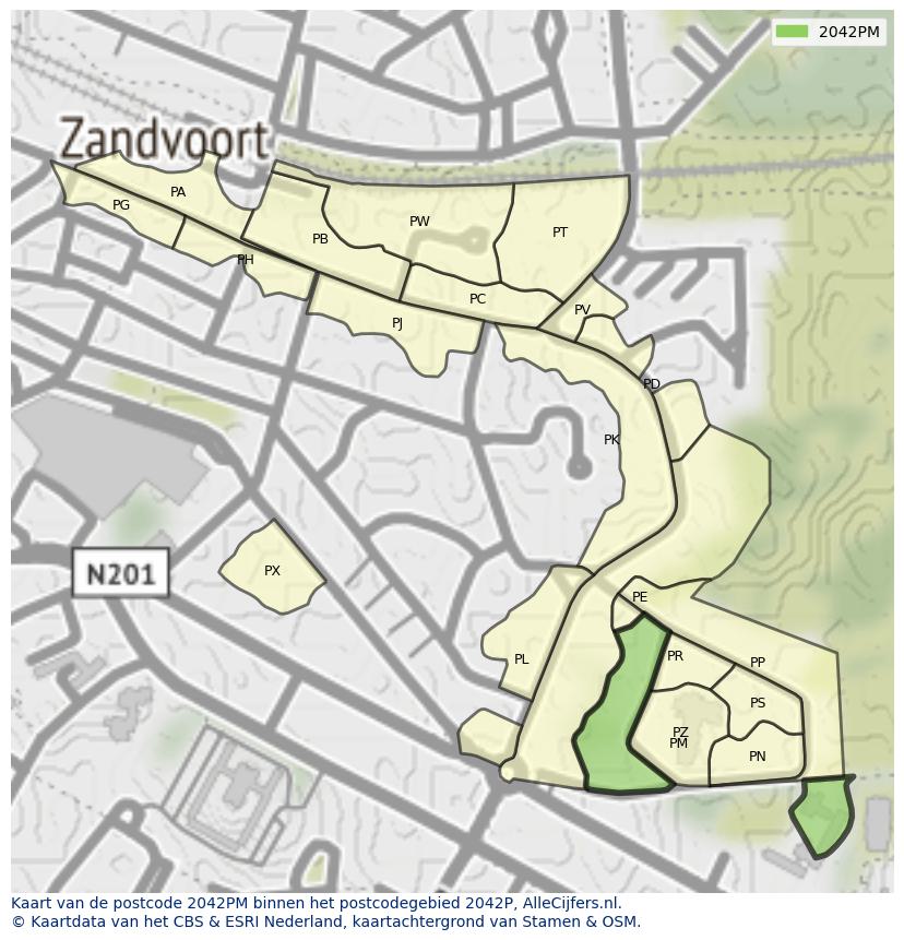 Afbeelding van het postcodegebied 2042 PM op de kaart.