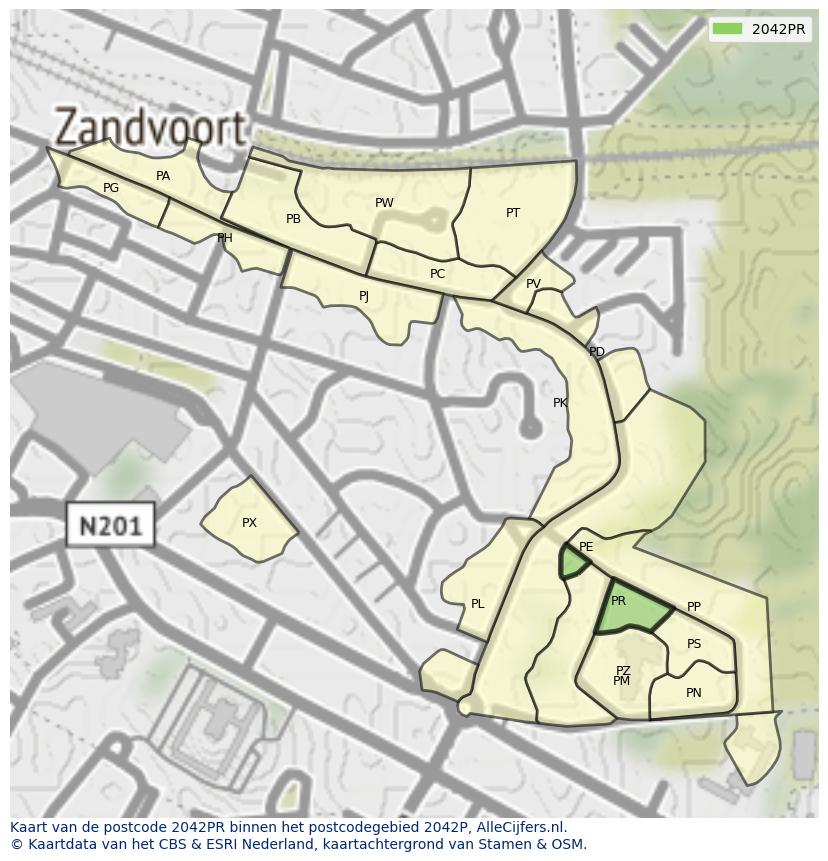 Afbeelding van het postcodegebied 2042 PR op de kaart.