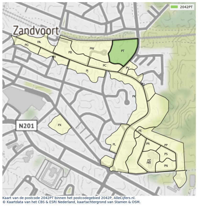 Afbeelding van het postcodegebied 2042 PT op de kaart.