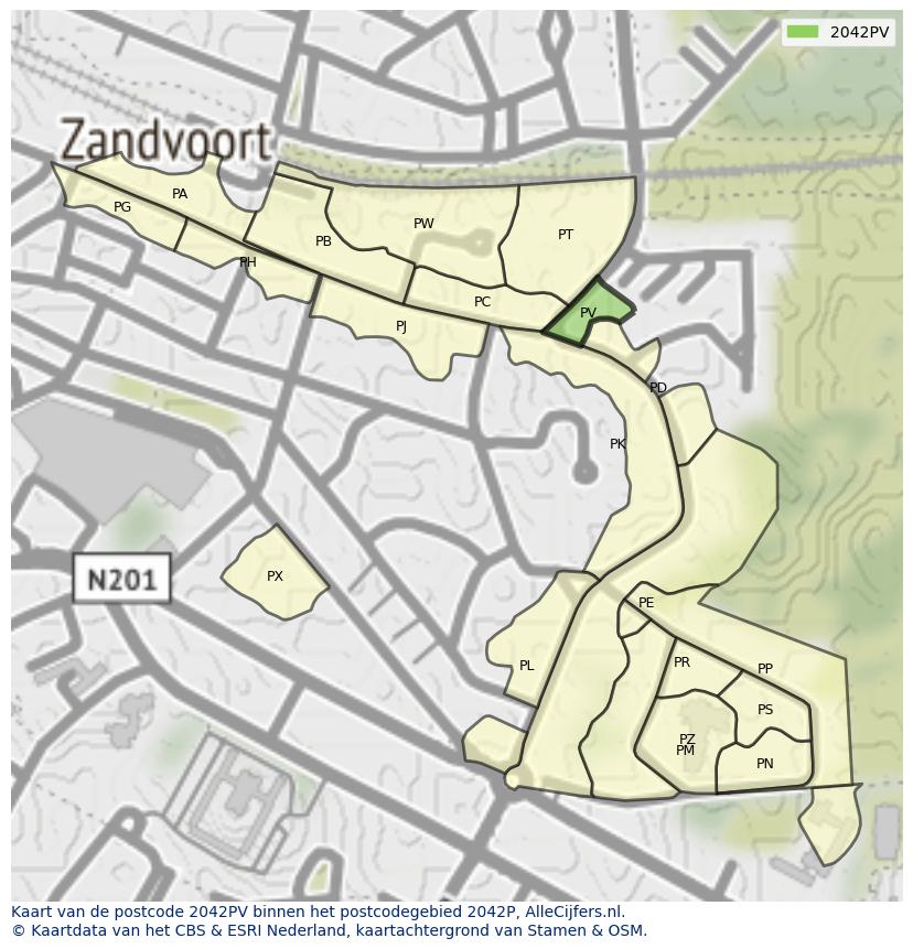 Afbeelding van het postcodegebied 2042 PV op de kaart.