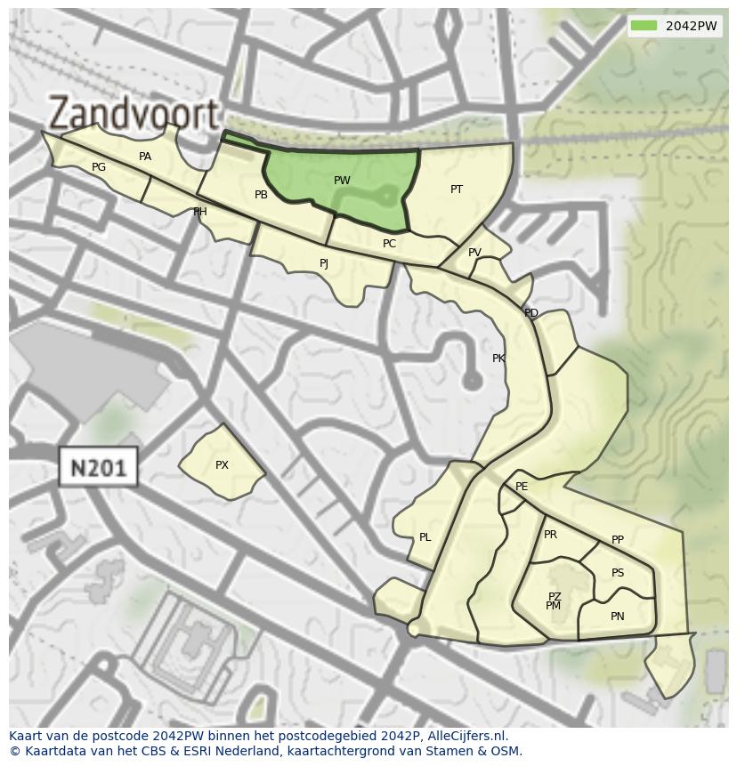 Afbeelding van het postcodegebied 2042 PW op de kaart.