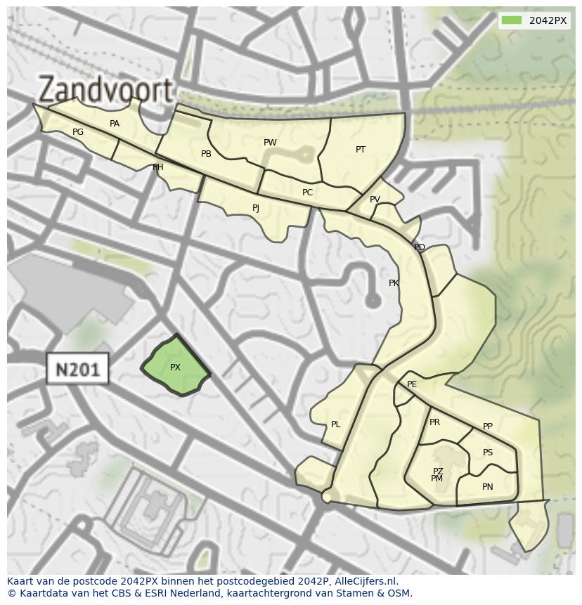 Afbeelding van het postcodegebied 2042 PX op de kaart.