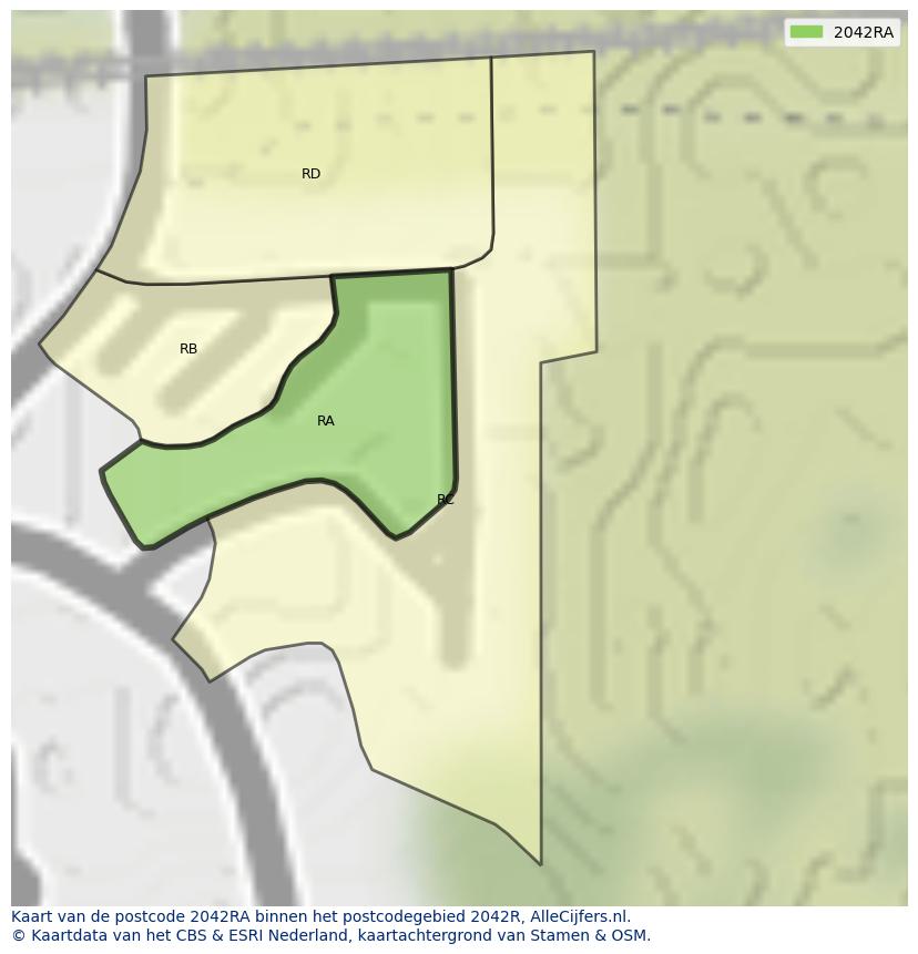 Afbeelding van het postcodegebied 2042 RA op de kaart.