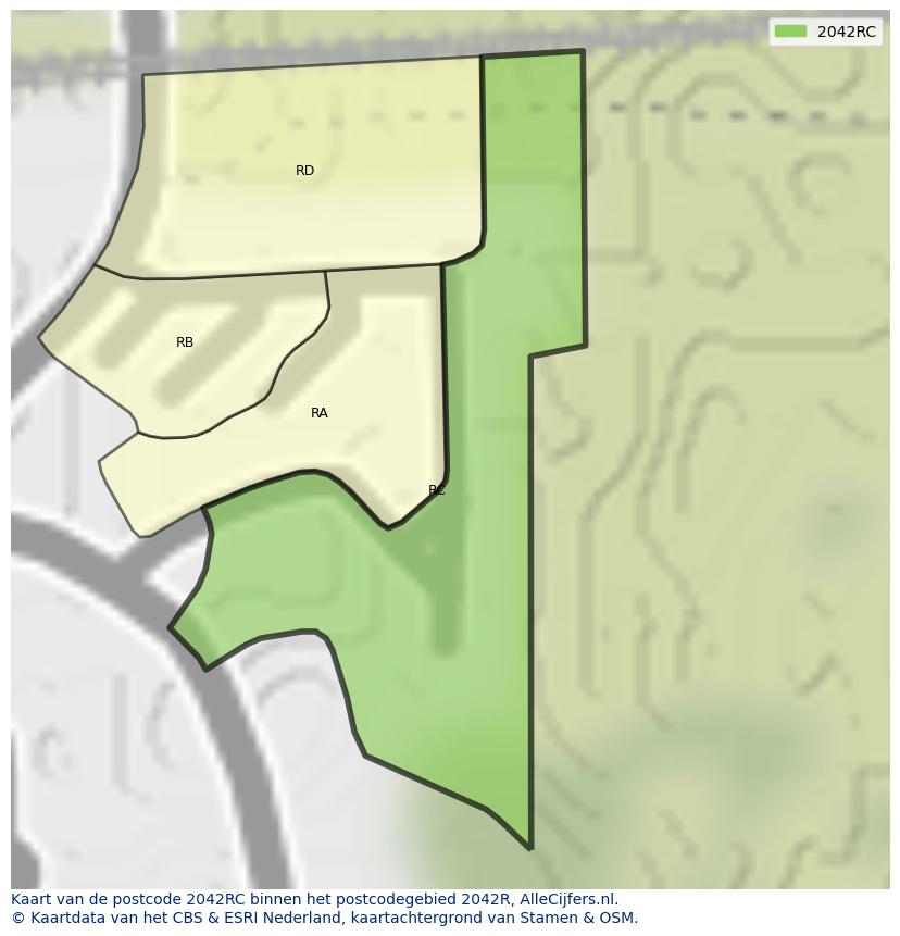 Afbeelding van het postcodegebied 2042 RC op de kaart.