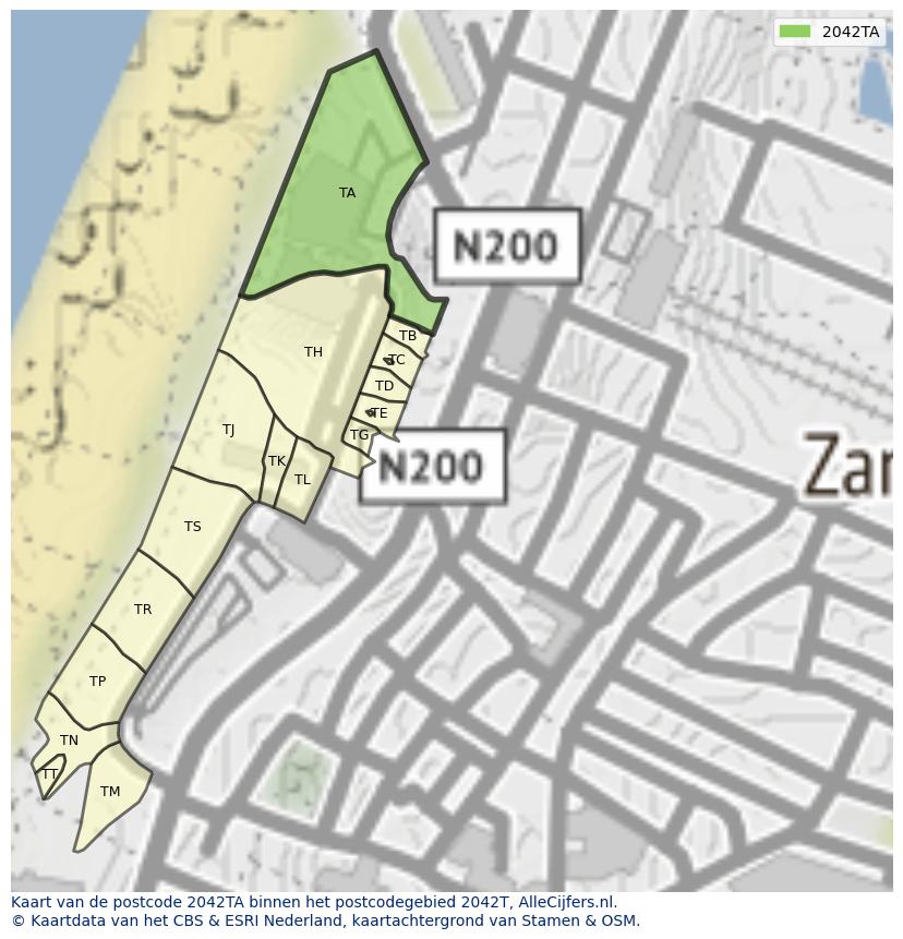 Afbeelding van het postcodegebied 2042 TA op de kaart.