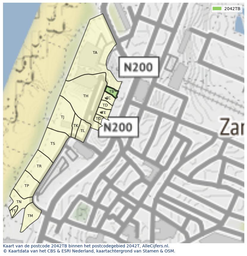 Afbeelding van het postcodegebied 2042 TB op de kaart.