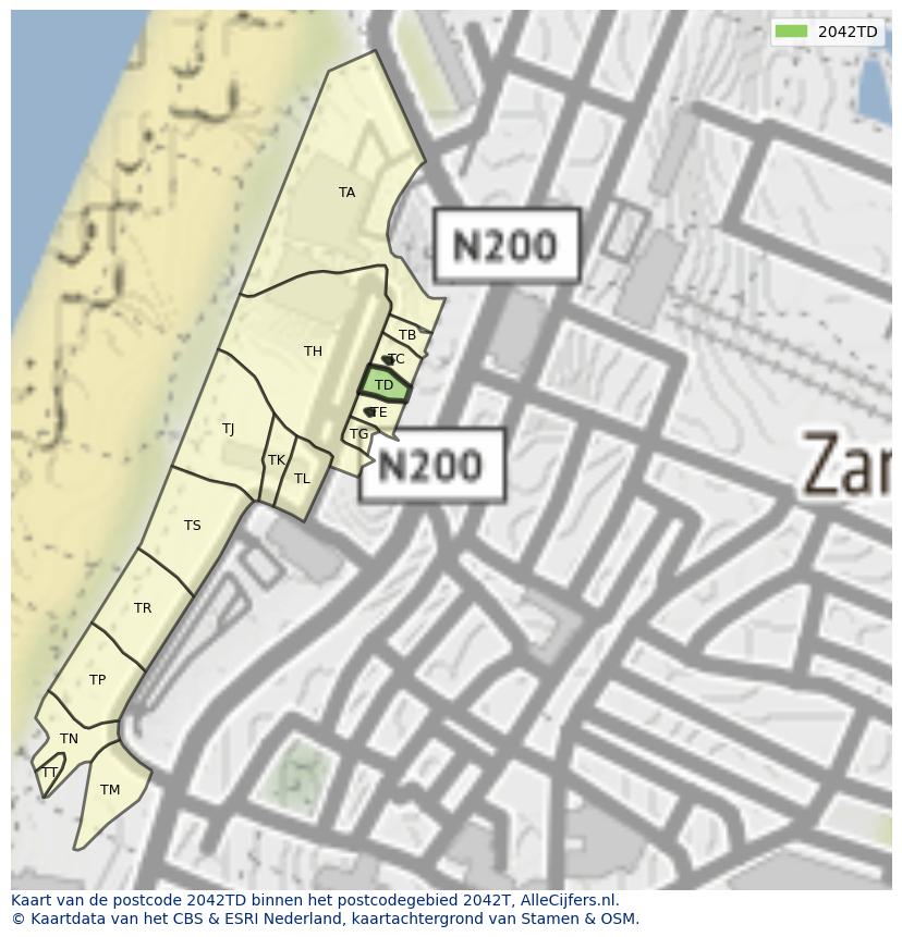 Afbeelding van het postcodegebied 2042 TD op de kaart.