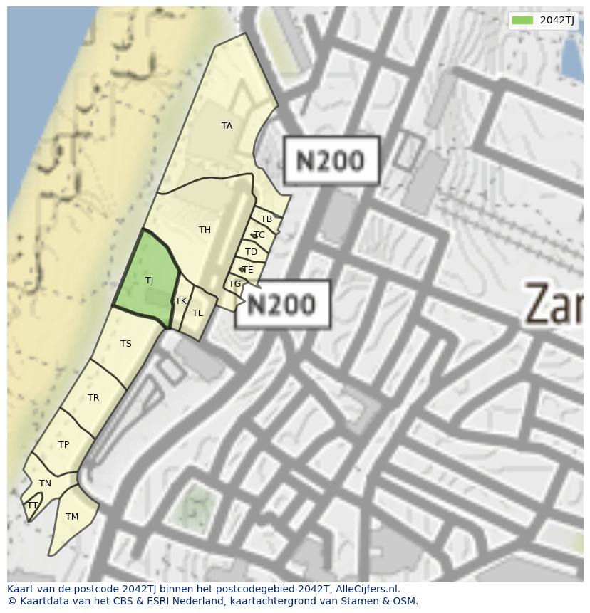 Afbeelding van het postcodegebied 2042 TJ op de kaart.