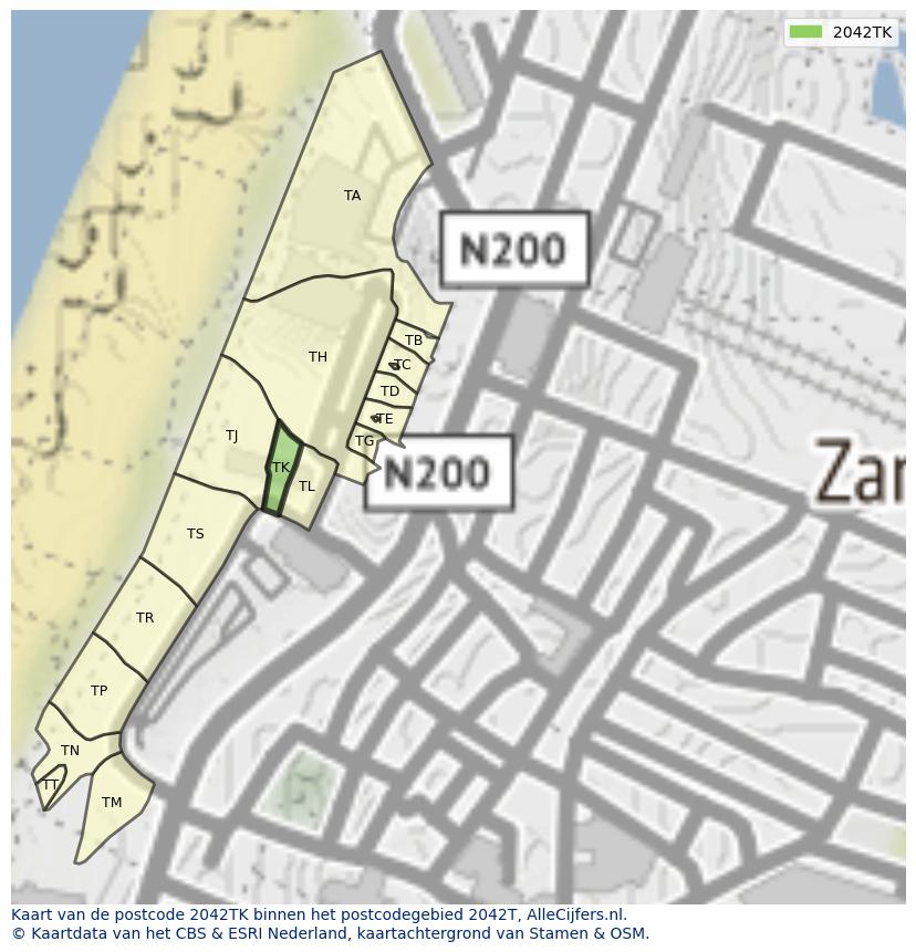 Afbeelding van het postcodegebied 2042 TK op de kaart.