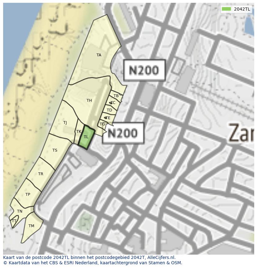 Afbeelding van het postcodegebied 2042 TL op de kaart.
