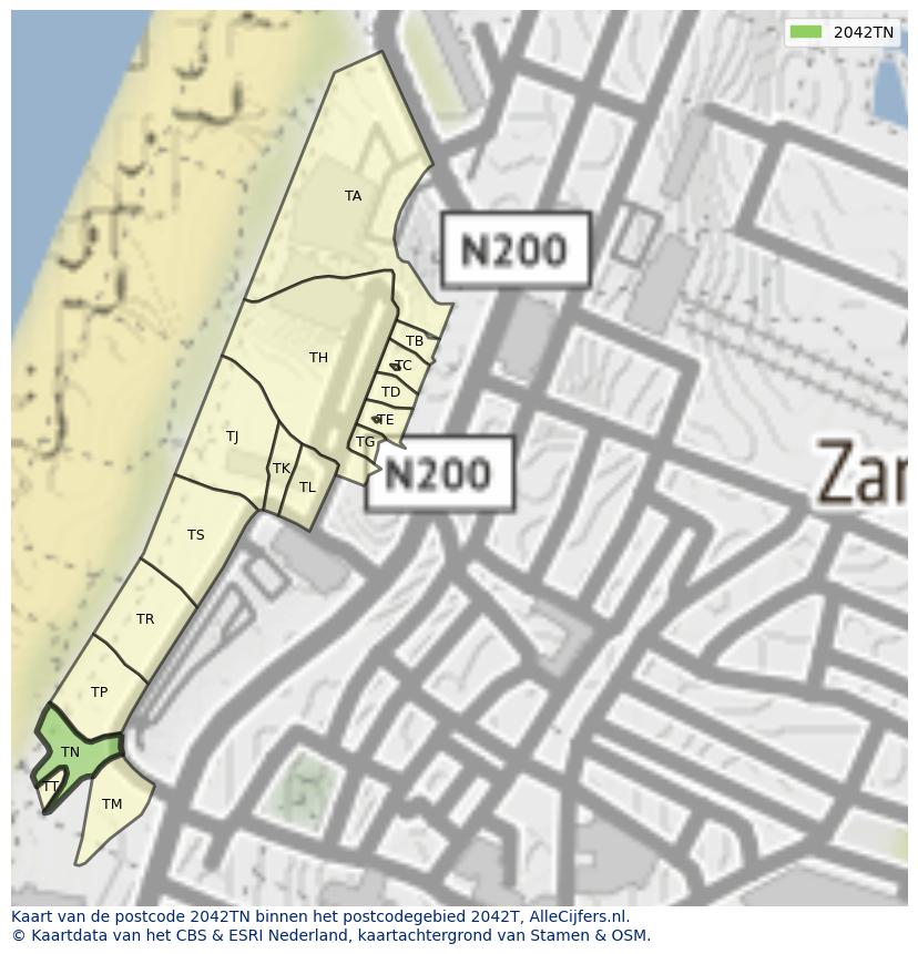 Afbeelding van het postcodegebied 2042 TN op de kaart.