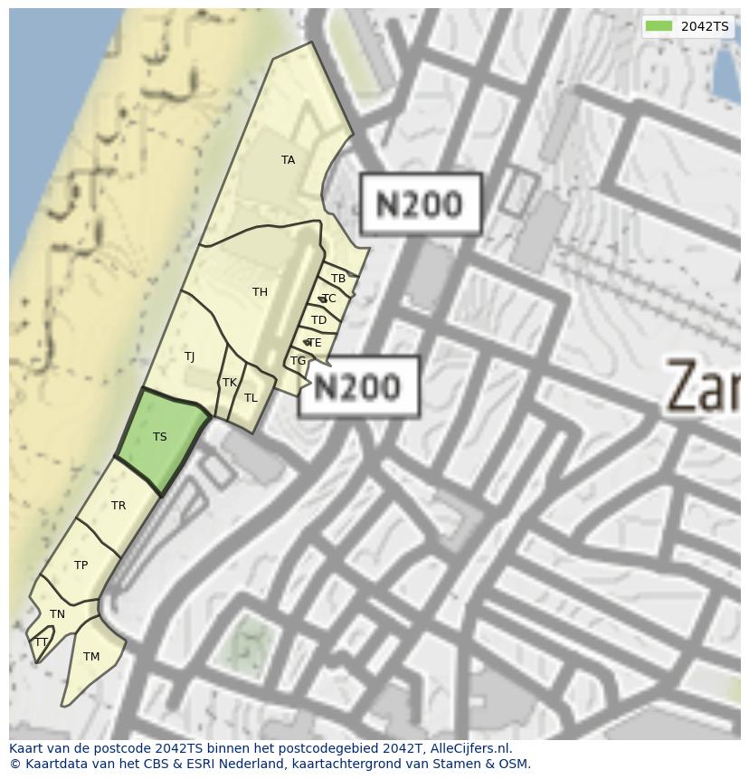 Afbeelding van het postcodegebied 2042 TS op de kaart.