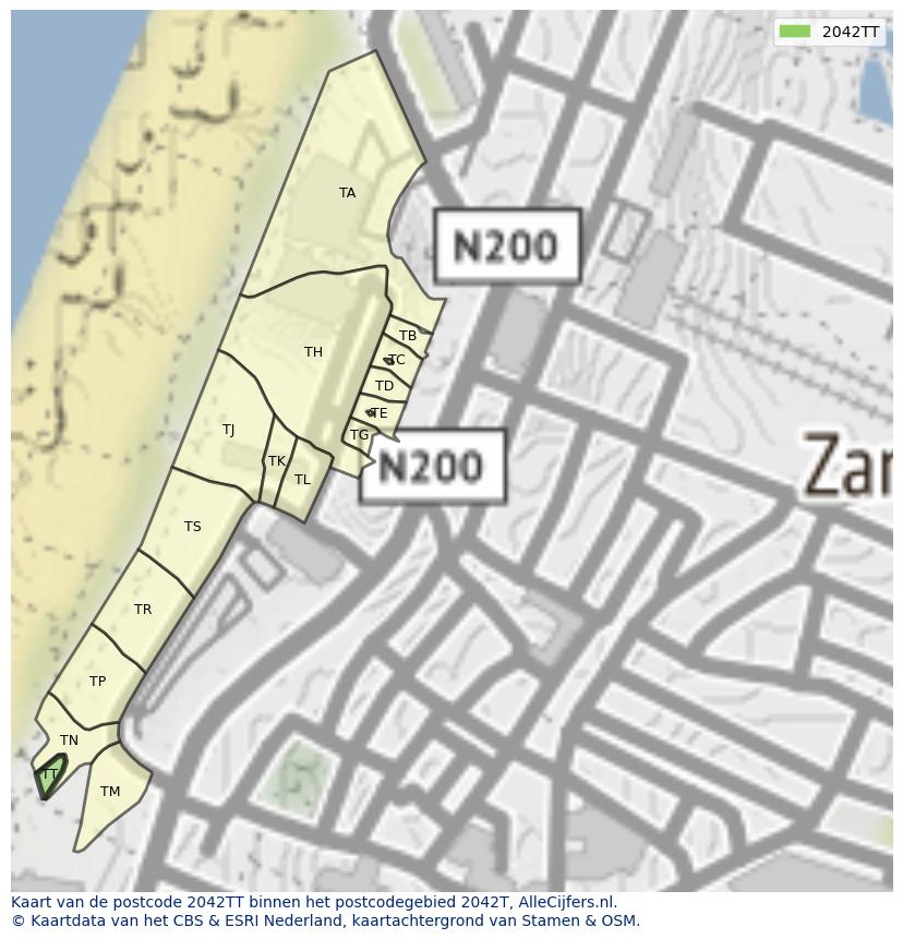 Afbeelding van het postcodegebied 2042 TT op de kaart.