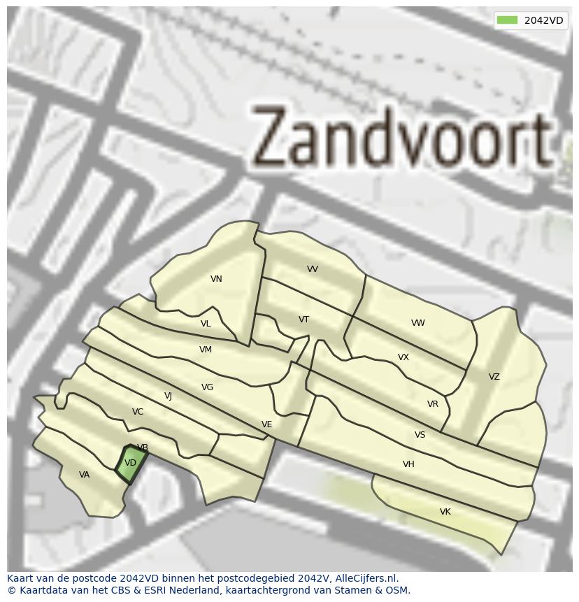 Afbeelding van het postcodegebied 2042 VD op de kaart.