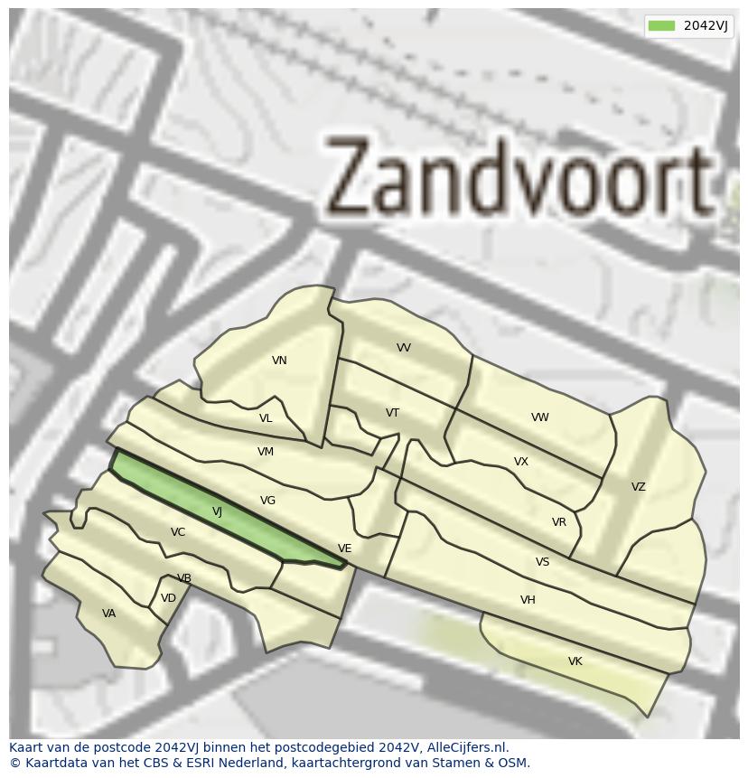 Afbeelding van het postcodegebied 2042 VJ op de kaart.