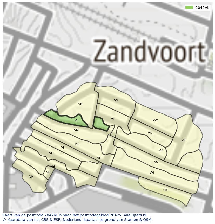 Afbeelding van het postcodegebied 2042 VL op de kaart.