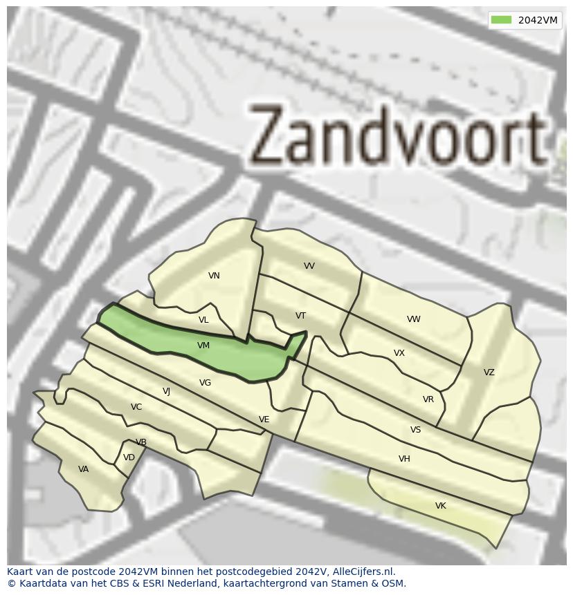Afbeelding van het postcodegebied 2042 VM op de kaart.