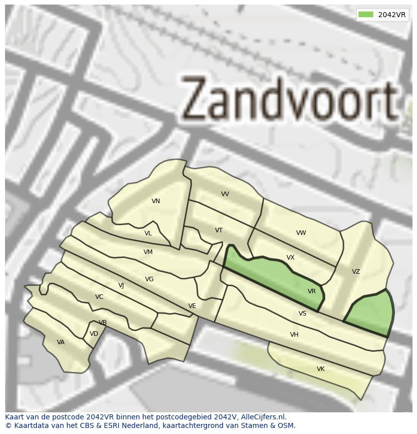 Afbeelding van het postcodegebied 2042 VR op de kaart.