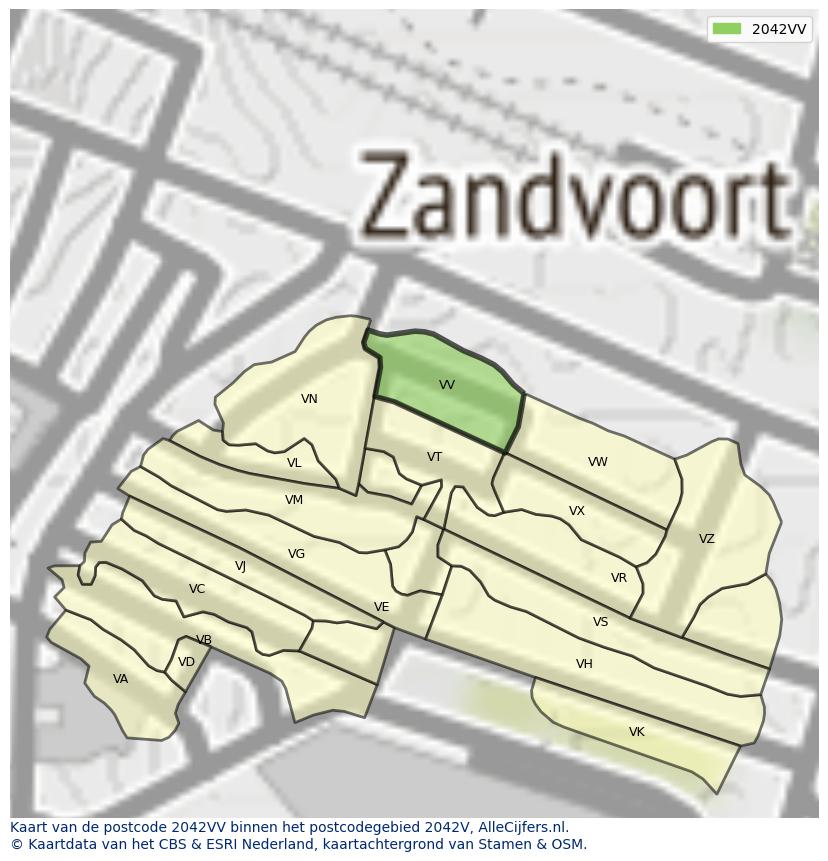 Afbeelding van het postcodegebied 2042 VV op de kaart.