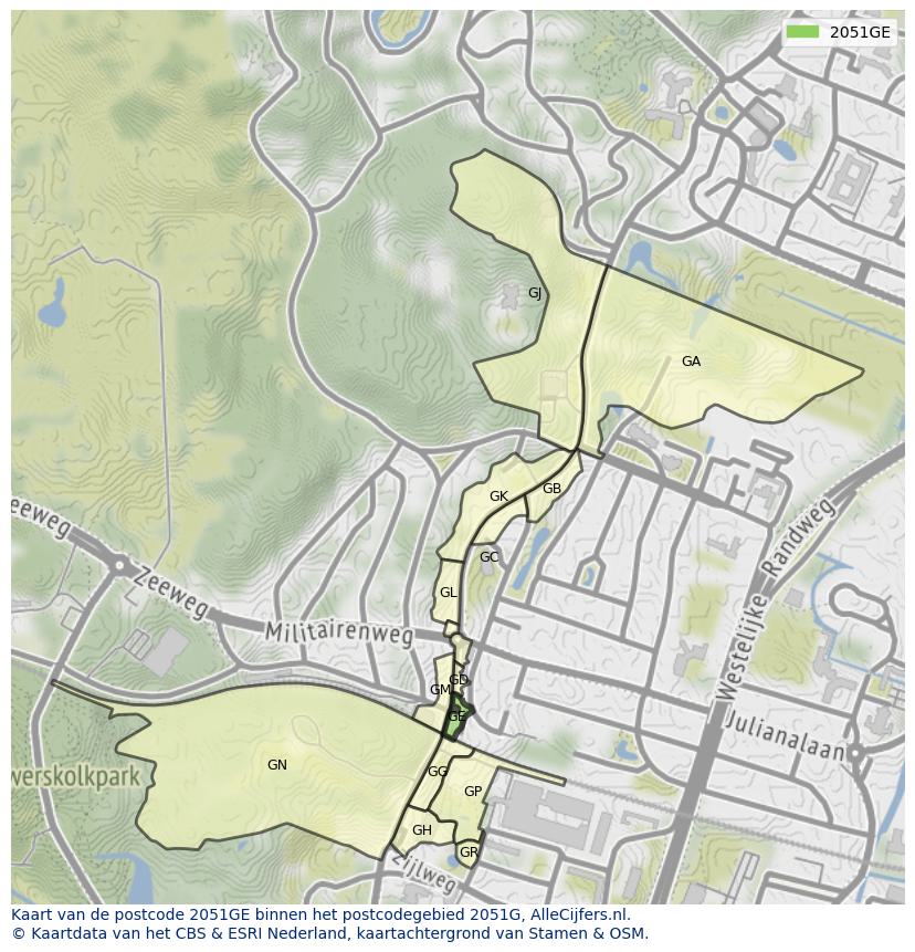Afbeelding van het postcodegebied 2051 GE op de kaart.