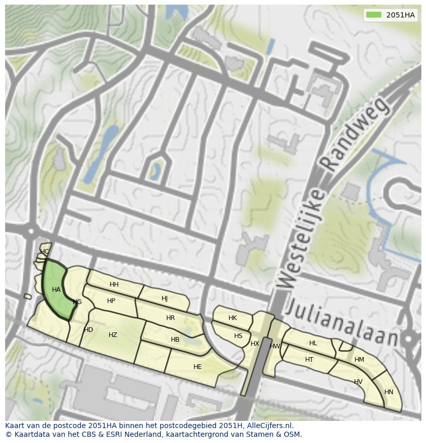 Afbeelding van het postcodegebied 2051 HA op de kaart.