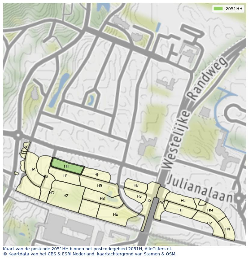 Afbeelding van het postcodegebied 2051 HH op de kaart.