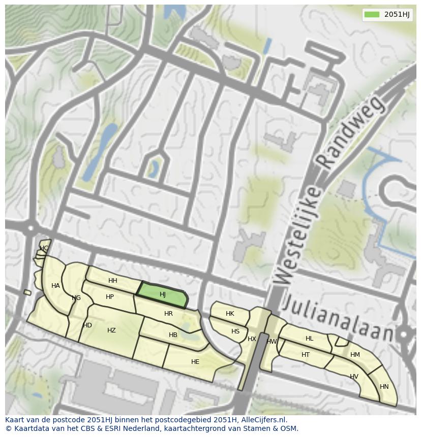 Afbeelding van het postcodegebied 2051 HJ op de kaart.