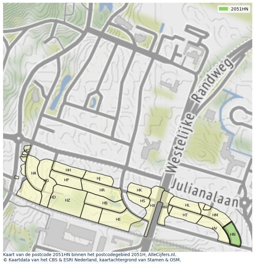 Afbeelding van het postcodegebied 2051 HN op de kaart.