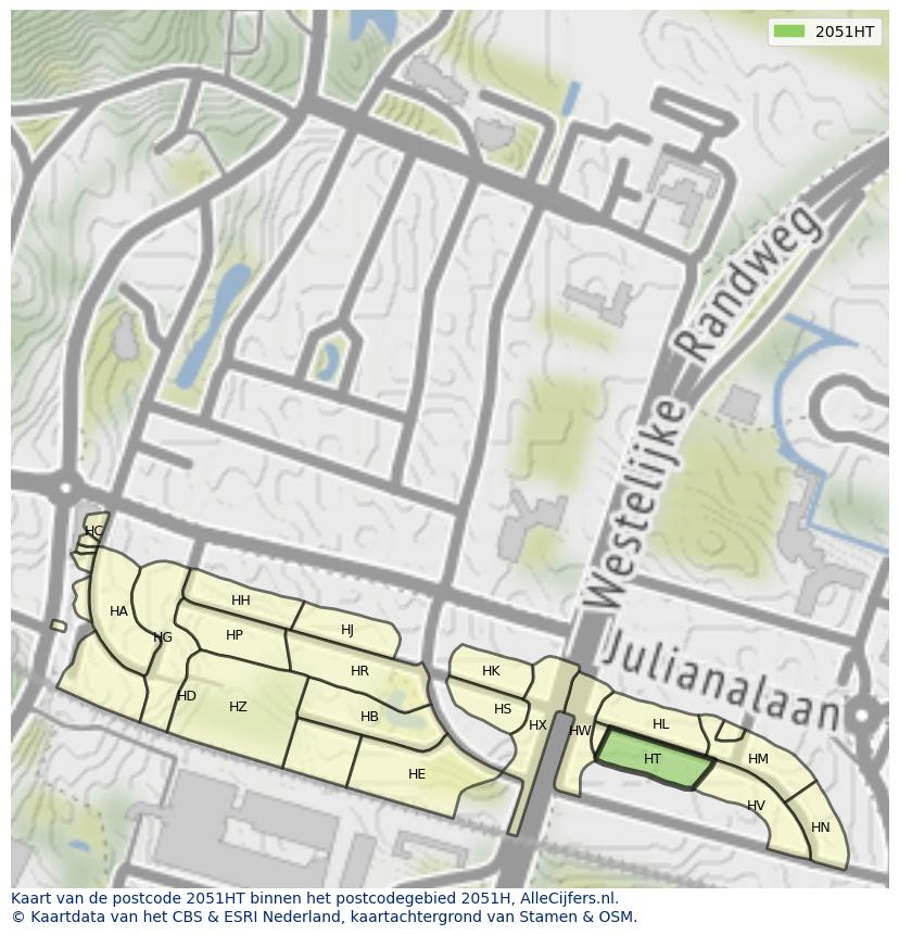 Afbeelding van het postcodegebied 2051 HT op de kaart.