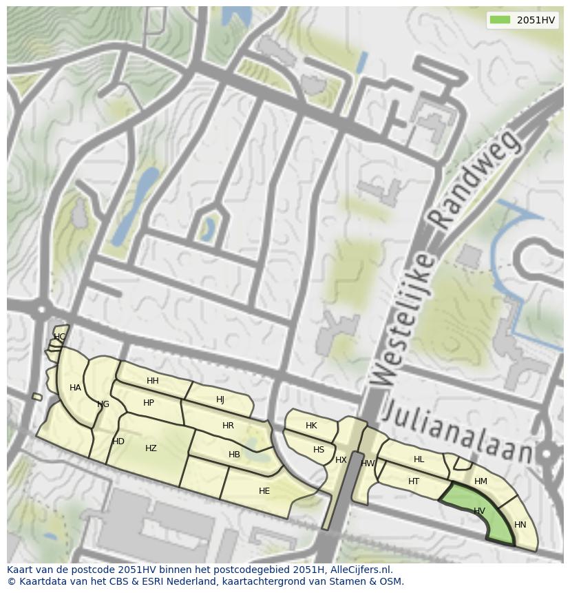Afbeelding van het postcodegebied 2051 HV op de kaart.