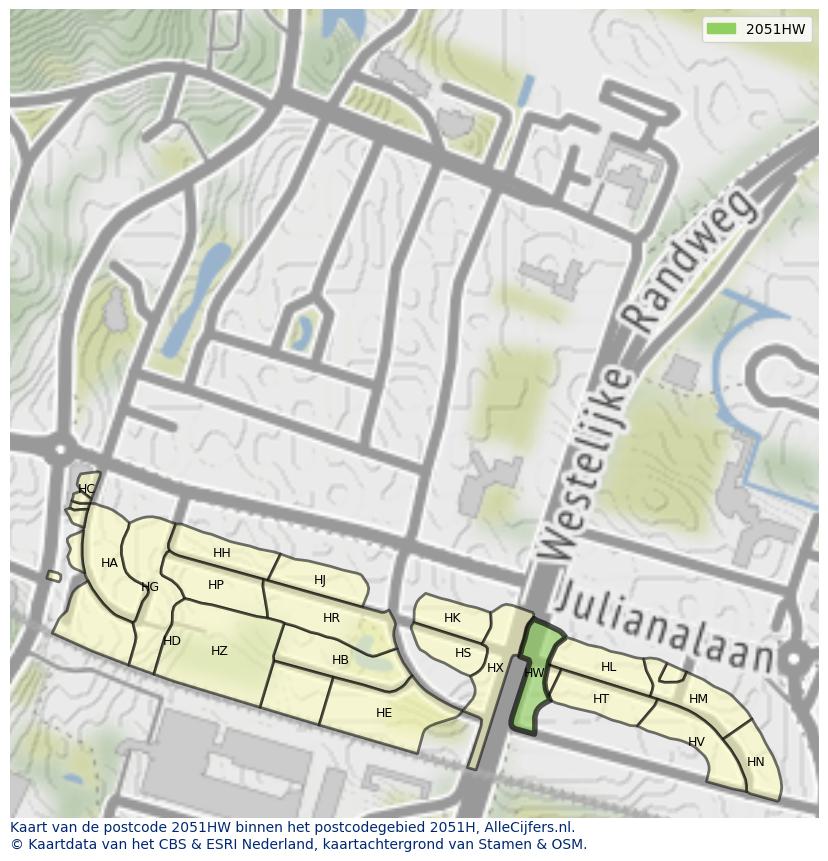 Afbeelding van het postcodegebied 2051 HW op de kaart.