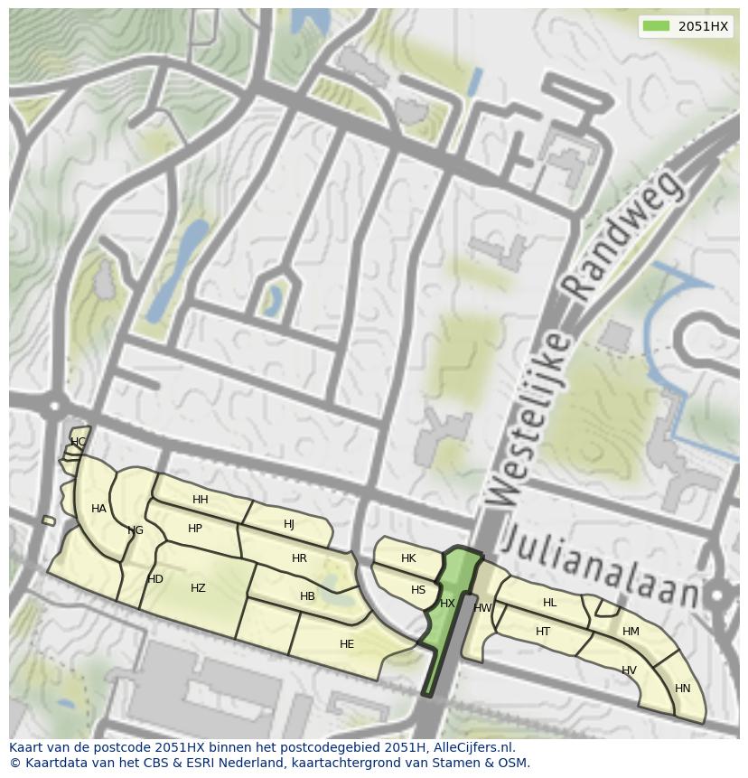 Afbeelding van het postcodegebied 2051 HX op de kaart.