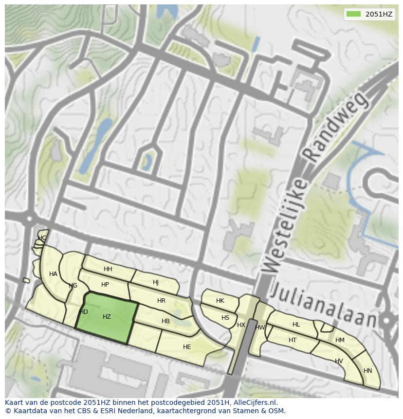 Afbeelding van het postcodegebied 2051 HZ op de kaart.