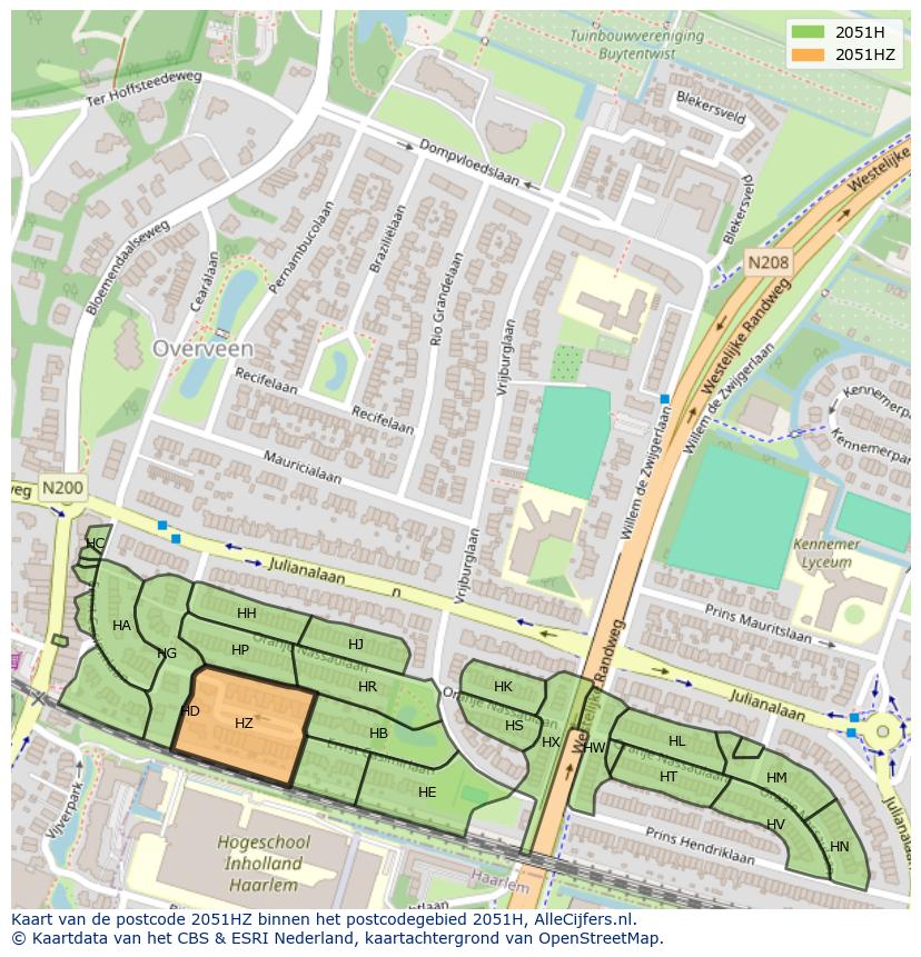 Afbeelding van het postcodegebied 2051 HZ op de kaart.