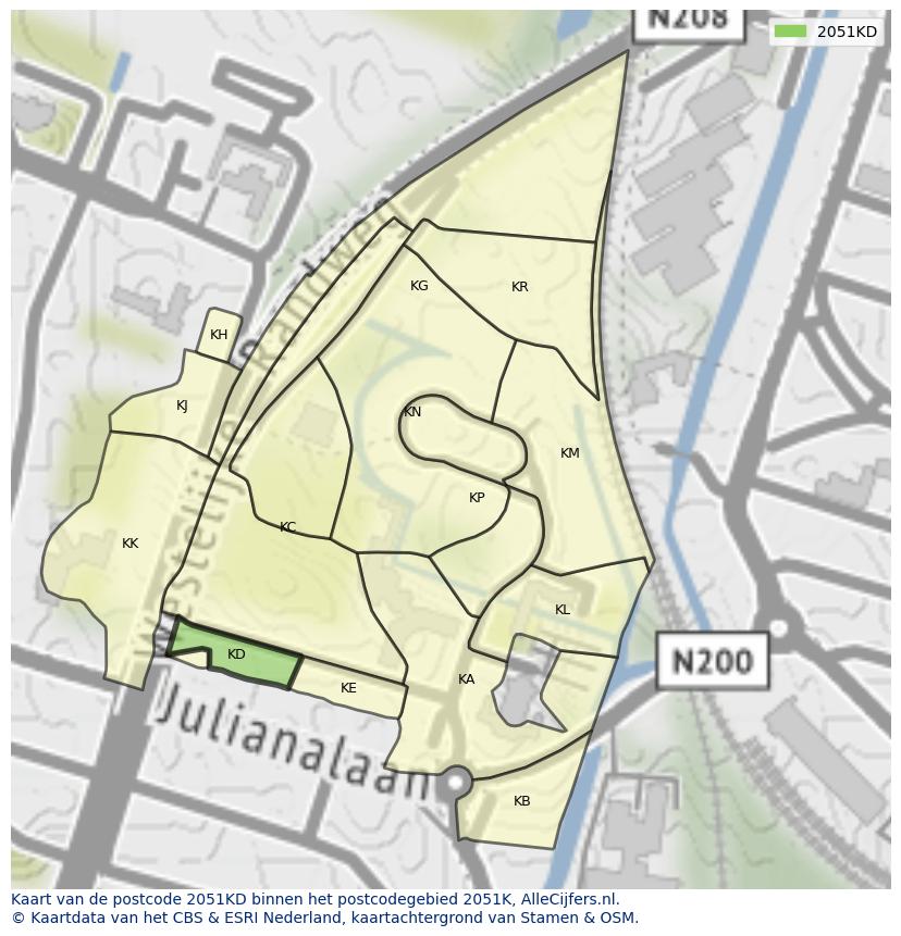 Afbeelding van het postcodegebied 2051 KD op de kaart.