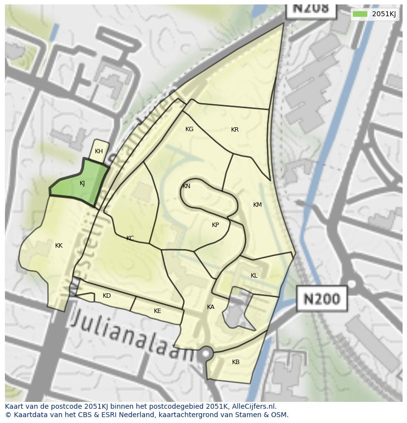 Afbeelding van het postcodegebied 2051 KJ op de kaart.